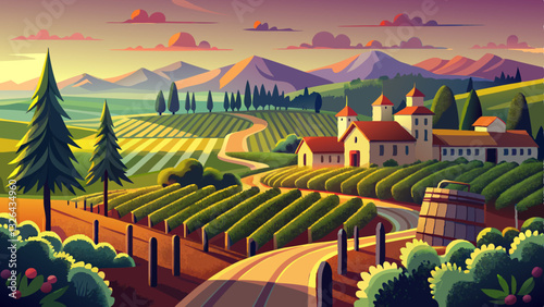 
Vineyards with grapevine and winery along wine road in the evening sun, Europe 