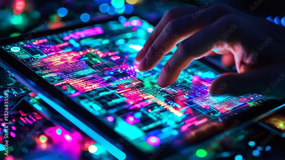 Cyber law expert analyzing blockchain regulations on a futuristic digital tablet Cyber law expert analyzing blockchain regulations on a futuristic digital tablet