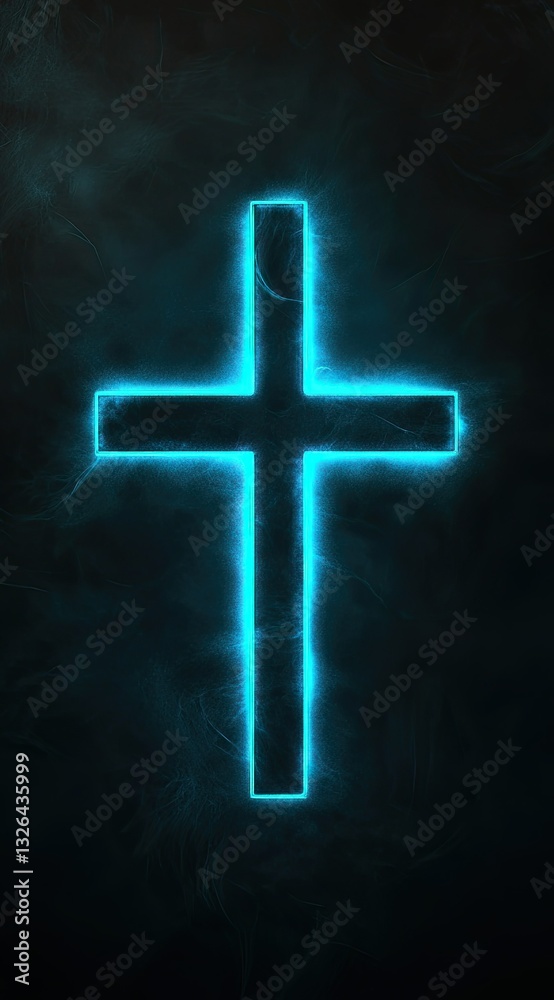 Fototapeta premium A glowing Blue Neon Cross on a Black Background