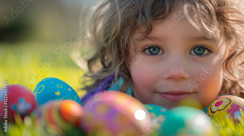  Adorable child with bright eyes surrounded by colorful Easter eggs in a spring meadow