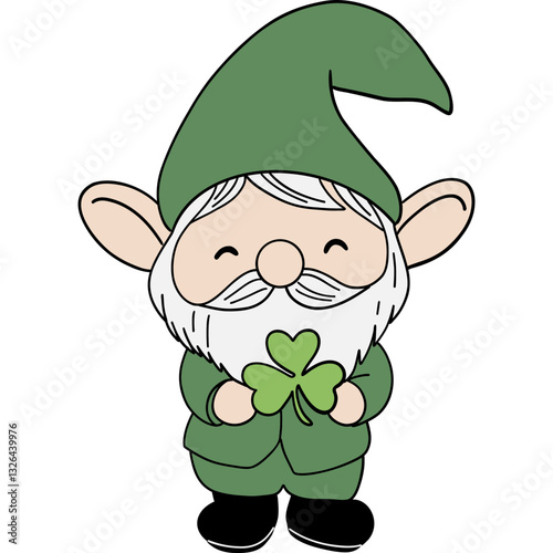 Gnome St. patricks day theme, Cheerful gnome in green holding a four-leaf clover, symbolizing luck and good fortune.