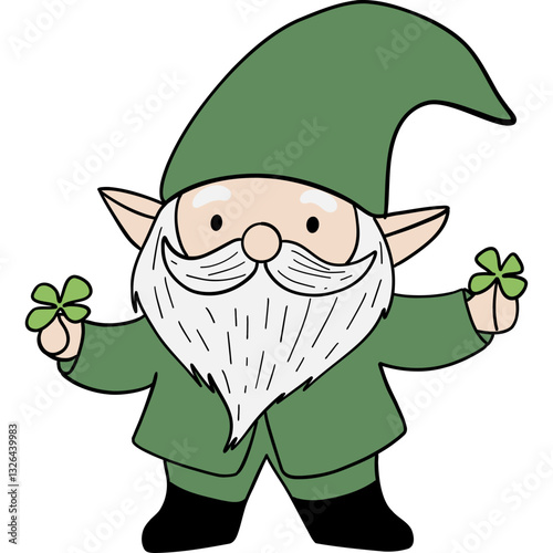 Gnome St. patricks day theme, A cheerful gnome holding clovers, wearing a green outfit and a pointy hat.