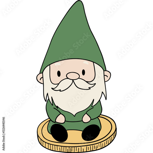 Gnome St. patricks day theme, Cute cartoon gnome sitting on a coin with a green hat and a friendly smile.