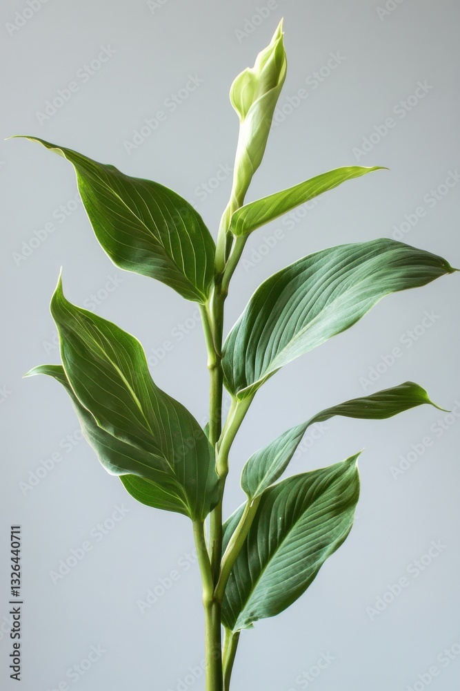 Obraz premium Green leaves of a plant stand tall against a light background showcasing natural beauty and growth potential