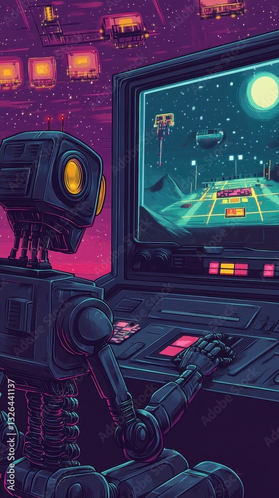 Obraz premium A futuristic robot playing a game on a computer console