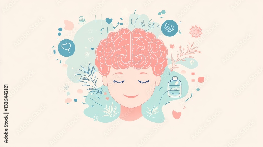 A mental health awareness vector featuring a stylized brain with floating calmness icons, soft pastel colors, and a peaceful expression. A mental health awareness vector featuring a stylized brain with floating calmness icons, soft pastel colors, and a peaceful expression.