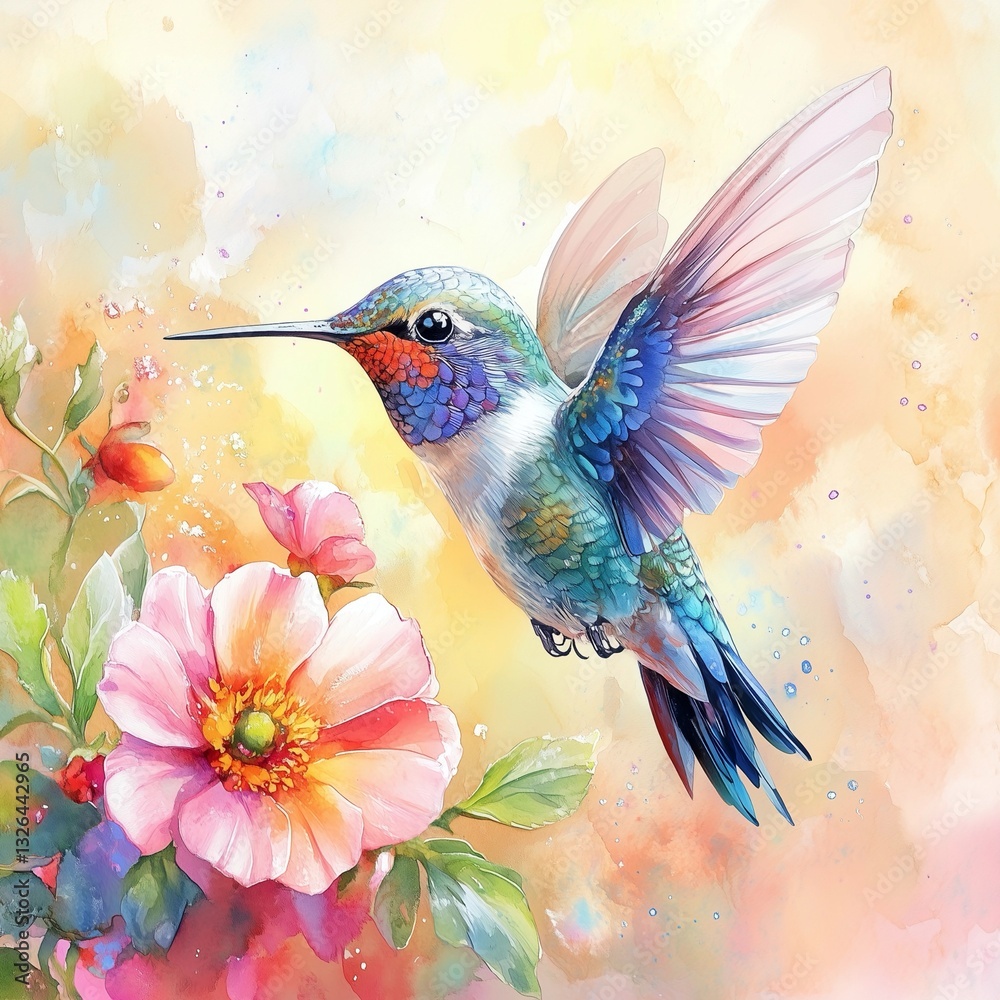 Obraz premium Watercolor Hummingbird and Flower Painting