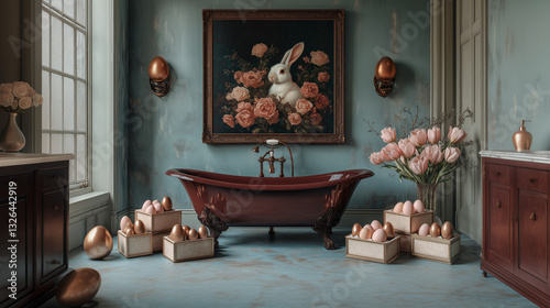 Vintage bathroom with dark  bathtub and pale pink tulips with Easter decorations.