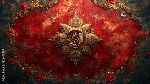 Ornate Red Background with Gold Floral Motifs and Calligraphy