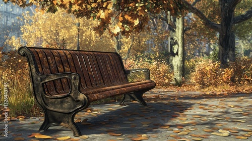 A weathered city bench in a public park, surrounded by autumn leaves, photorealistic
 photo