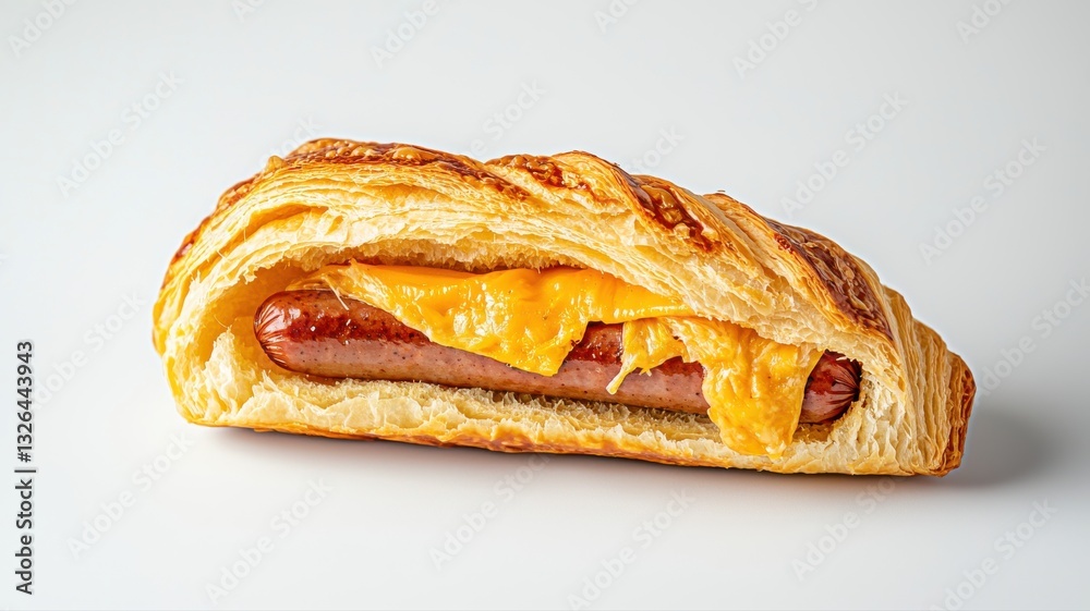 Golden pastry wrap with sausage and melted cheese, ideal for breakfast or snack, placed on a clean white background. Golden pastry wrap with sausage and melted cheese, ideal for breakfast or snack, placed on a clean white background.