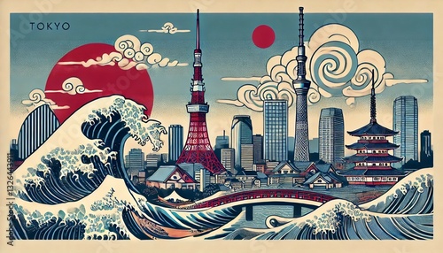 Tokyo Modern View in Ukiyo-e Style