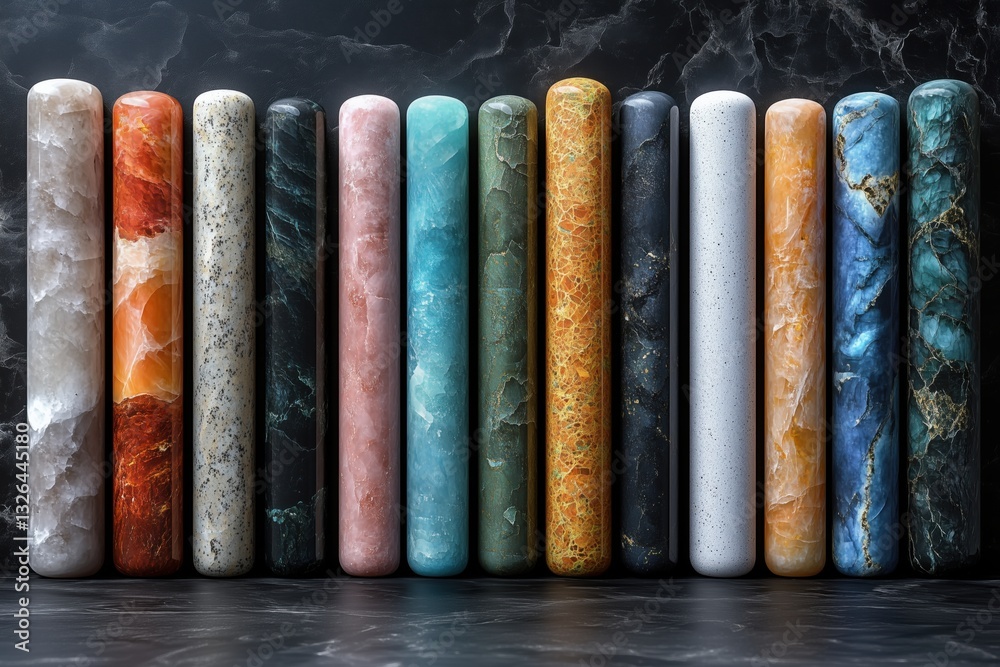 Naklejka premium Elegant display of polished stones in various colors and patterns arranged in a vertical alignment