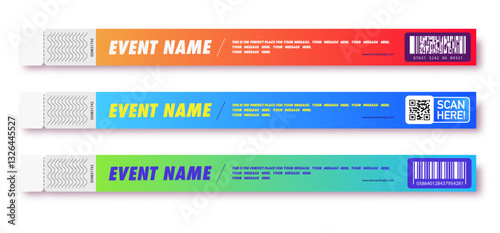 Bracelet event access modern color style for id fan zone or vip, party entrance, concert backstage identification, security checking, event. Mock up festival bracelet. Vector 10 eps
