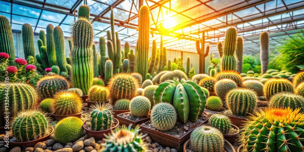 Obraz premium Luminous desert blooms thrive under glass: a photographic exploration of cultivated cacti.