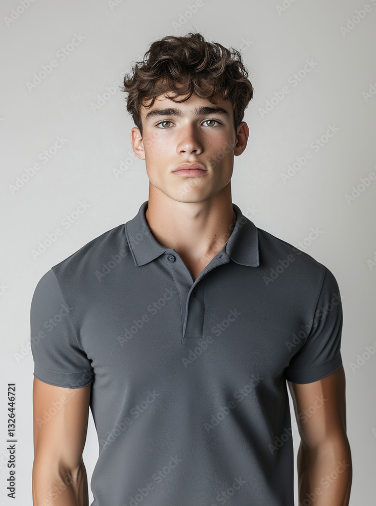 Obraz premium Male Model Wearing Gray Polo Shirt – Mockup for Screen Printing