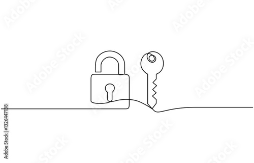 Lock Pad Metaphor for problem solving, solutions, and business accessibility, Safety lock with key icon image. Success, solution, opportunity and safety concept. One line draw graphic design vector.