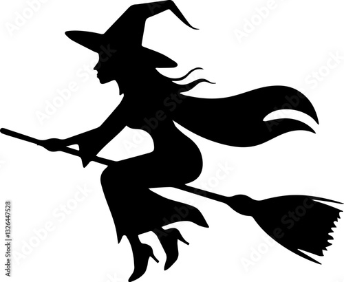 Witch on a broomstick, vector black silhouette