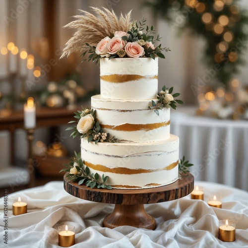 Elegante dreistöckige Hochzeitstorte im Boho-Stil mit Semi-Naked-Buttercreme, Pampasgras, Blushrosen, Eukalyptus und goldenen Akzenten auf rustikalem Holzständer in romantischer Atmosphäre.