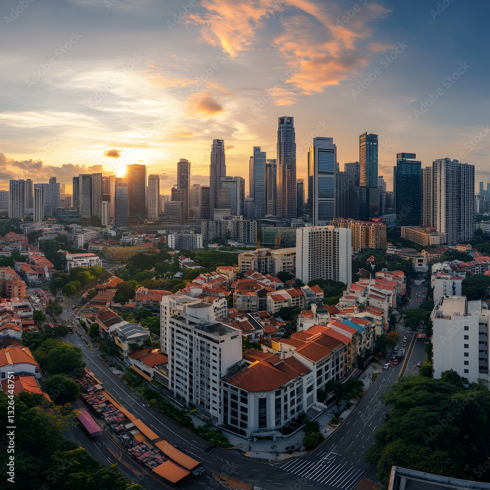 Naklejka premium Sunrise cityscape aerial view