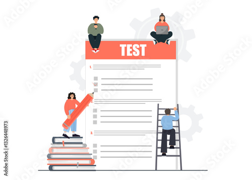 People writing test, teamwork concept, study exam, flat vector illustration