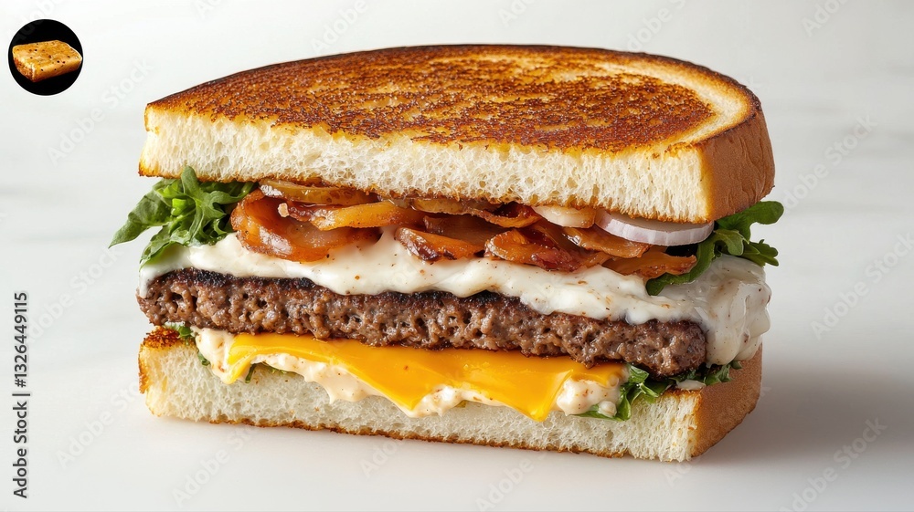 Grilled sandwich with cheese, beef patty, onions, lettuce, and tomatoes, presented on a light background. Grilled sandwich with cheese, beef patty, onions, lettuce, and tomatoes, presented on a light background.