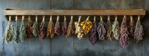 dried medicinal herbs in a wooden organizer. Selective focus.