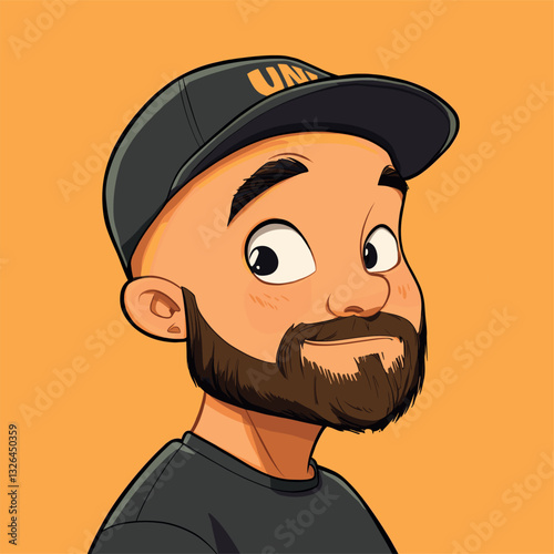 Cartoon portrait of a man with a beard and cap on a bright yellow background.