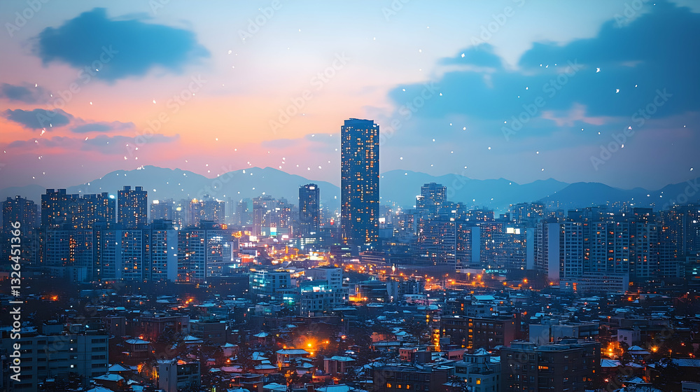 Obraz premium Snowy city skyline at twilight