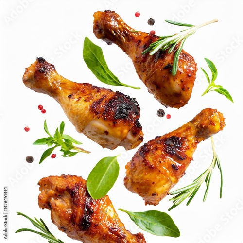 Dynamic Shot of Spicy Grilled Chicken Drumsticks Flying with Herbs, Spices, and Vegetables Isolated on White Background