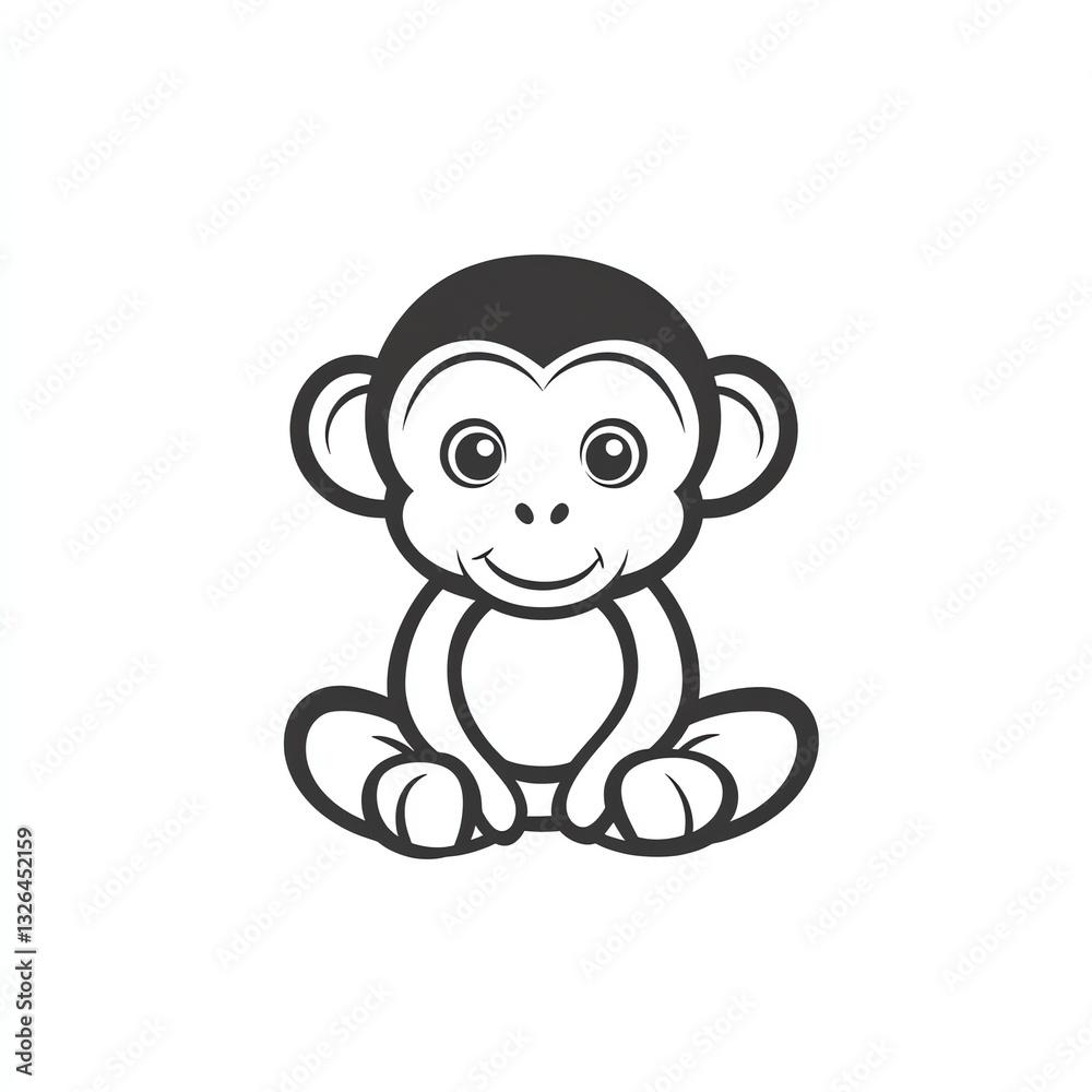 Obraz premium Adorable Baby Monkey Logo Design A Minimalist Black Line Art Illustration of a Happy Primate Sitting