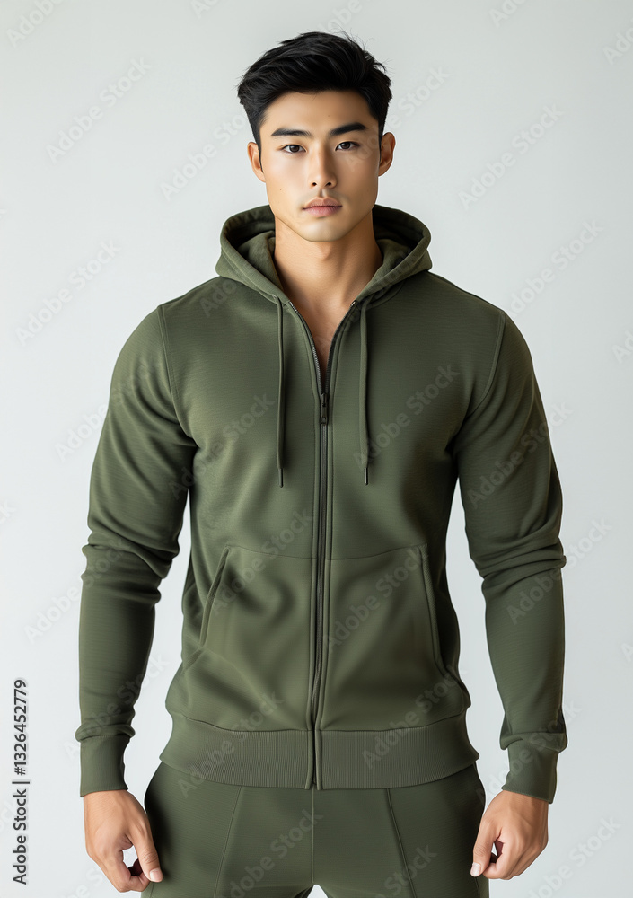 Male Model Wearing Plain Olive Green Zip-Up Hoodie for Screen Printing Mockup Male Model Wearing Plain Olive Green Zip-Up Hoodie for Screen Printing Mockup