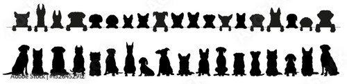 Front view silhouette of different american dog group, breed or pet in standing or sitting position. Wild animal, puppy, pug, bulldog or dachshund doodle icon, cartoon sticker with paw symbol and tail