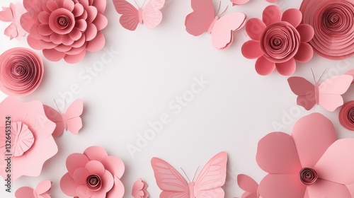 Soft Pink Flowers and Butterflies on White Background for Design