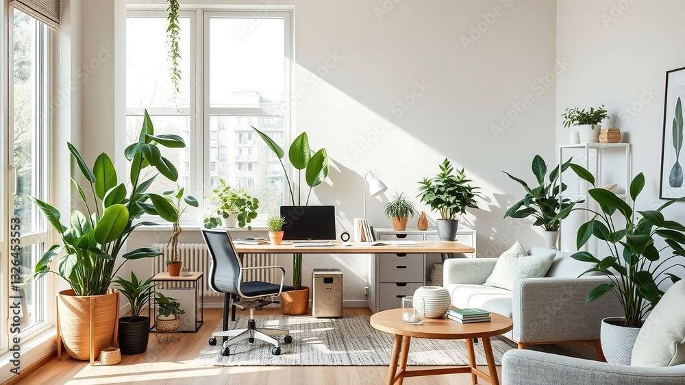 Fototapeta premium Biophilic Home Office Oasis: Plants Boost Productivity