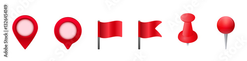 Collection of red map pins and flags, useful for marking locations in navigation and mapping.