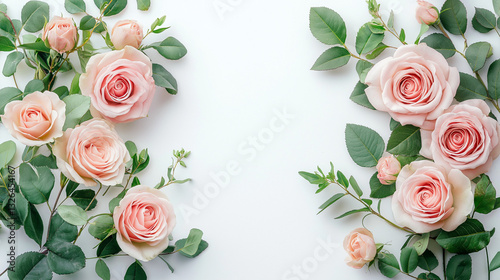 Watercolor Masterpiece: Pink Roses and Green Leaves, Embodying Natural Beauty and Delicate Elegance
