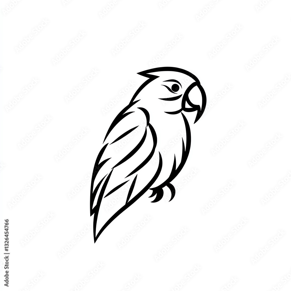 Fototapeta premium Elegant Macaw Bird Minimalist Black Line Art Logo Design, showcasing a perched macaw with intricate feather details against a clean white background.