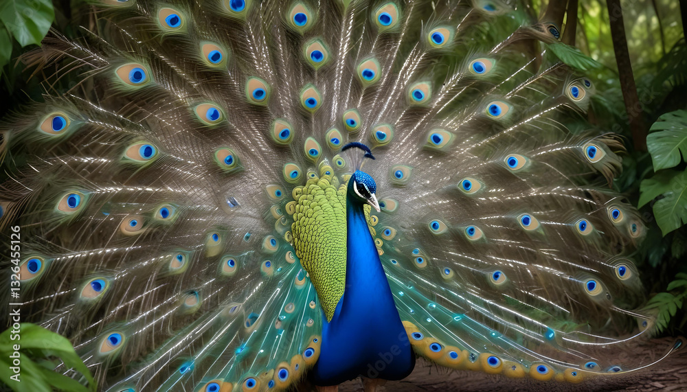 Obraz premium Majestic peacock displaying its vibrant feathers in a lush green forest. A stunning symbol of beauty, elegance, and nature’s artistry.