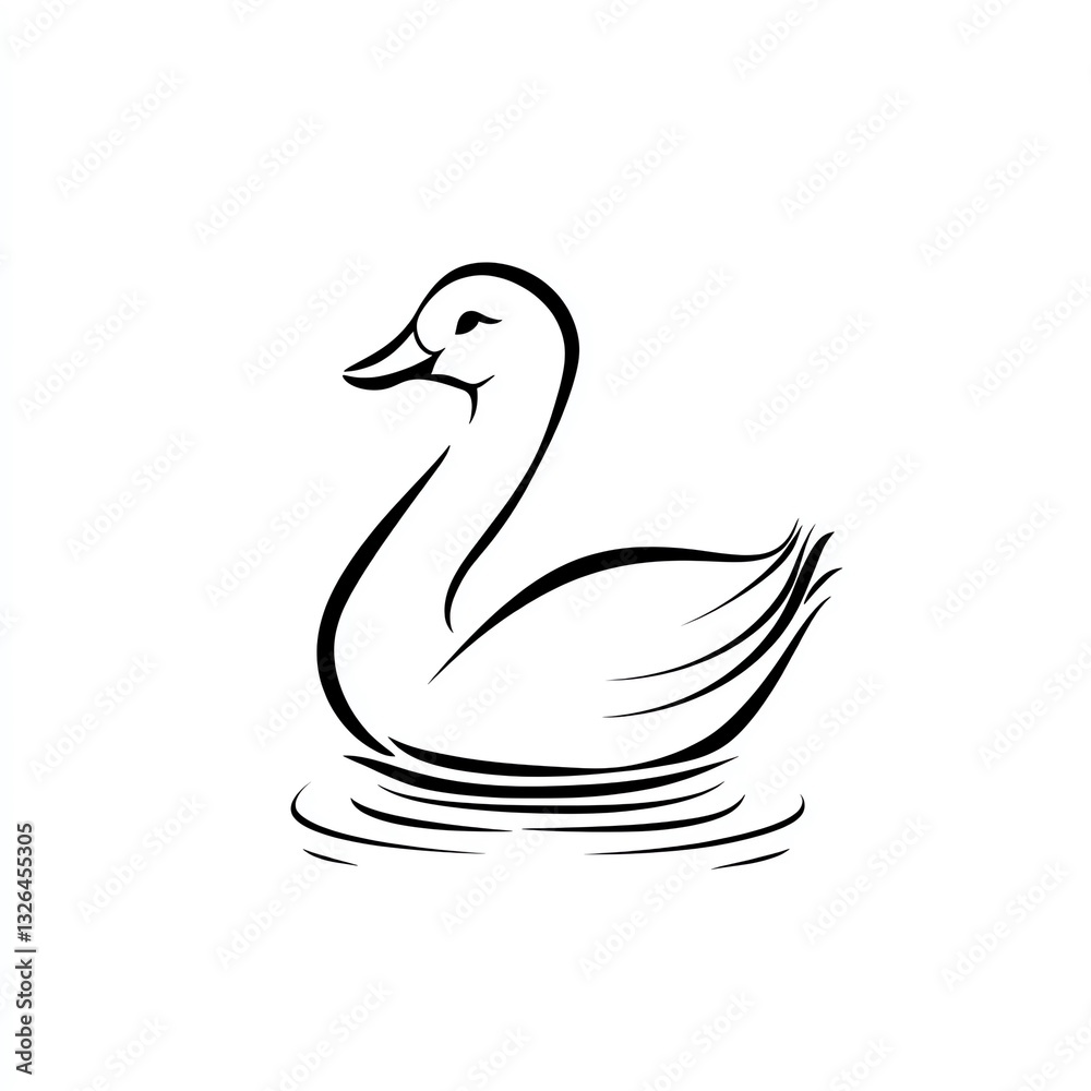 Elegant Black Line Art A Graceful Goose floats serenely on calm water, minimalist design.