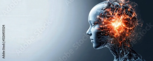 A futuristic depiction of a human-like figure with a glowing brain, symbolizing artificial intelligence and cognitive enhancement.