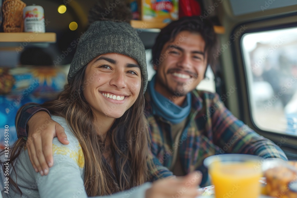 Fototapeta premium Happy Latino couple enjoying a meal in a cozy camper van, radiating warmth and joy.