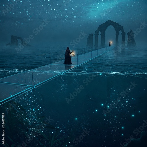 A mystical scene featuring a ghostly bridge over water, illuminated by lanterns, evoking a sense of adventure.
