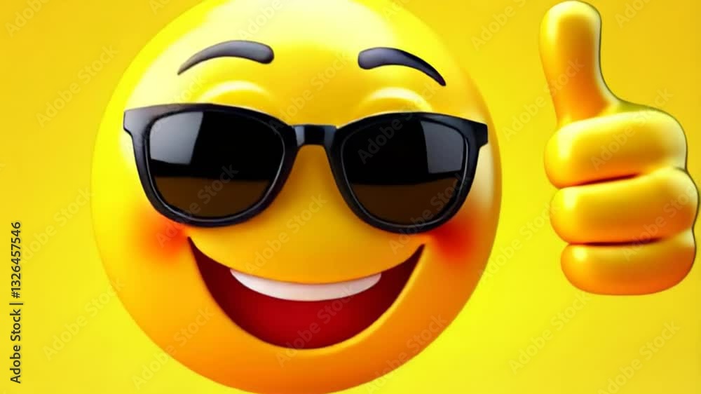 A cheerful and friendly emoji wearing sunglasses displays a thumbs up gesture against a vibrant yellow backdrop, radiating positivity and joy