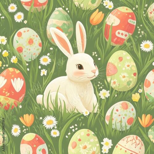 Cute bunny among colorful easter eggs