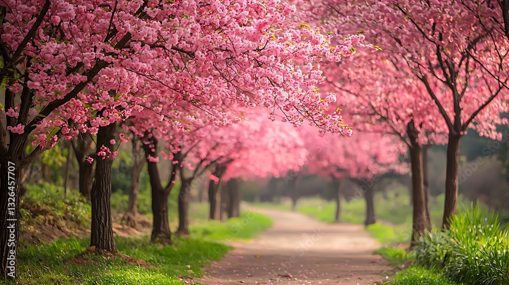 Naklejka premium Pink Cherry Blossom Tree Tunnel Path Spring Nature