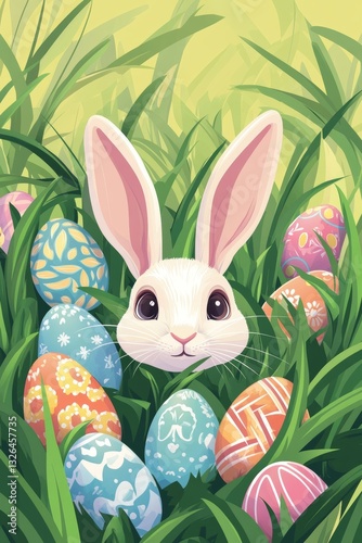 Easter bunny among colorful decorated eggs