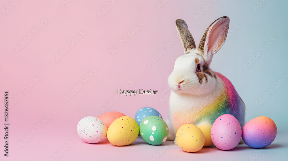 Obraz premium easter, rabbit, bunny, holiday, animal, cartoon, illustration, vector, toy, hare, baby, egg, pink, card, spring, cute, celebration, decoration, art, fun, design, love, eggs, heart, happy