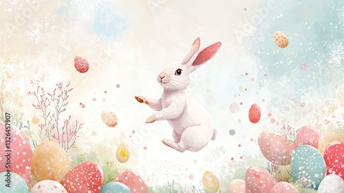 Easter bunny chasing colorful eggs illustration