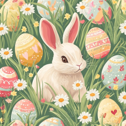 Cute easter bunny surrounded by colorful eggs